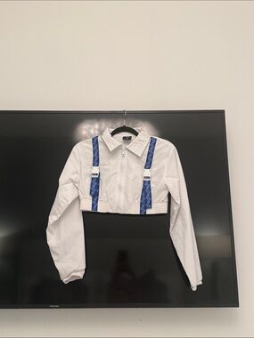 LF White Cropped Utility Jacket with Blue Strap Details